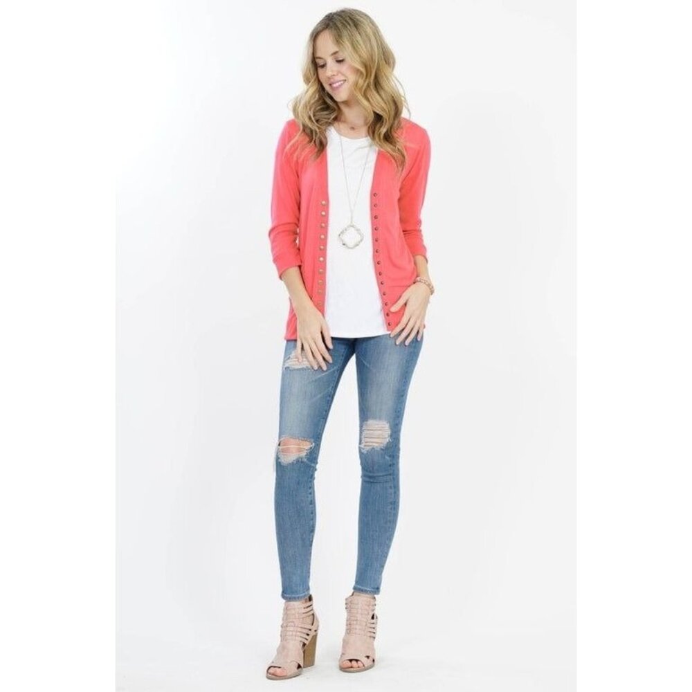 Coral Snap Front Cardigan With Gold Accents snaps Small